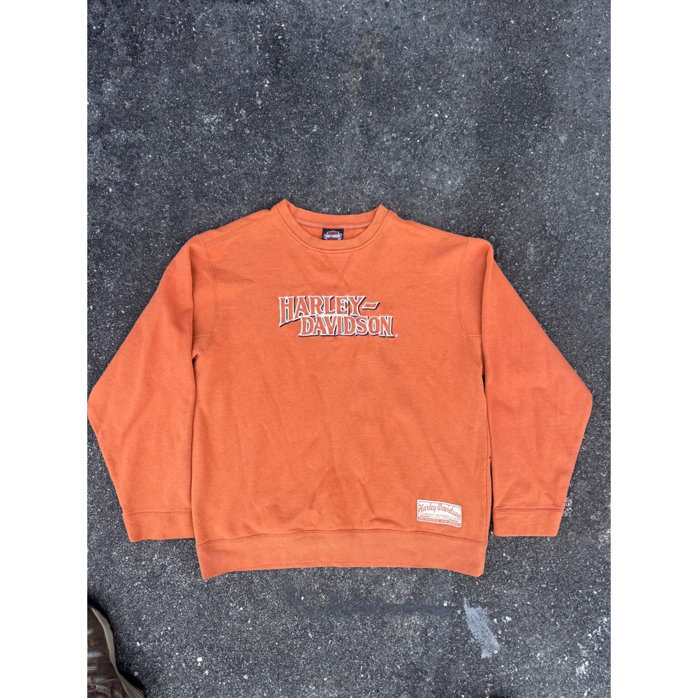 Harley Davidson Mens Large Orange Embroidered Logo Crewneck Sweatshirt Pullover